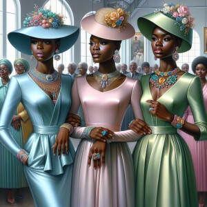A portrait of three African American women dressed in modern, el...