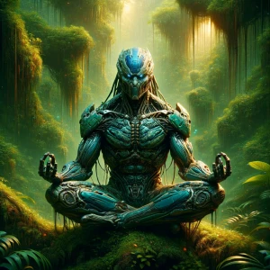 Cantankerous, in the style of Yautja's (Hunter Predator),ultra-d...