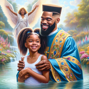 An oil painting depicting a light-skinned African-American pasto...