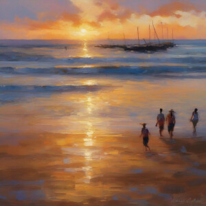Capture the tranquil beauty of a Brazilian beach at sunset, with...