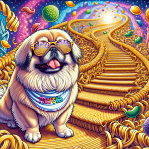A cartoon-style Pekingese dog with sunglasses reflecting pasta i...