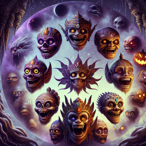 Realistic creature with 9 heads, each head is a halloween carica...