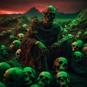 A grotesque alien zombie with decaying skin made out of intertwi...