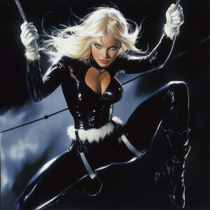 Create an action-packed image of a platinum blonde woman in a ti...