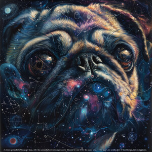 "A close-up headshot of a pug's face, filling most of the frame,...