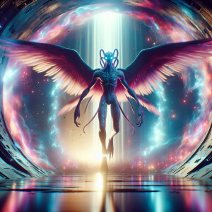 Create an image of a colossal, 200-foot-tall alien creature with...