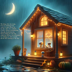 Depict a cozy, rain-drenched evening in front of a rustic wooden...