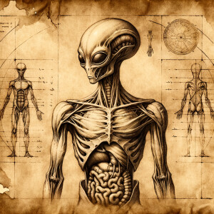 An alien anatomy cutaway view on aged parchment, illustrated pro...