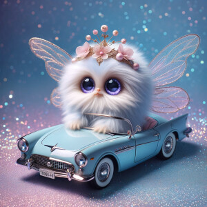 Imagine a whimsical, fluffy creature with large, sparkling purpl...