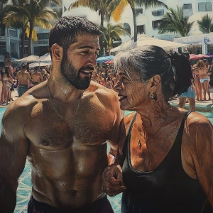 Realism  painting,a muscular beefy sweaty man  walking with his...