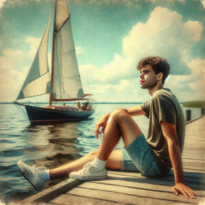 Realistic, oil painting Of a young American man Sitting on a doc...