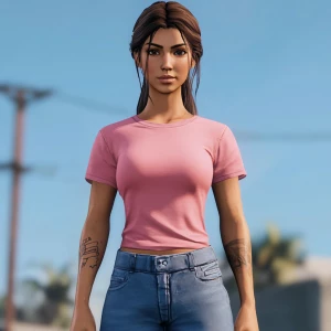 Lucia from GTA. girl with brown hair, big eyebrows, pumped up li...