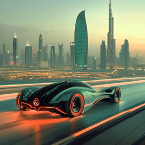 La voiture Gucci futuriste et ville Dubaï futuriste