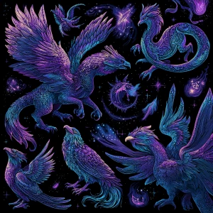 /imagine mythical creatures like dragons and phoenixes infused w...