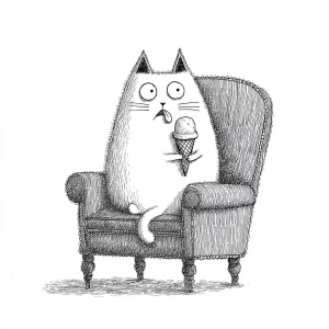 A cat sitting on a vintage reading chair with an ice cream cone...