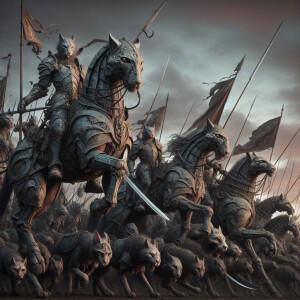 Create a realistic picture of a legion of humanoid cats as Calva...