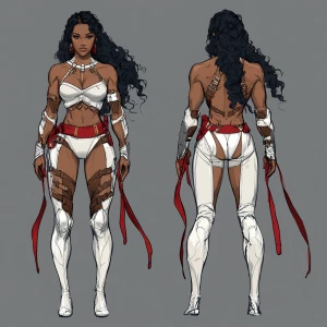 A powerful ebony female warrior character design, front and back...