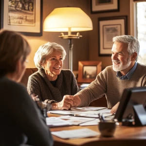 Create a cozy home scene where an elderly couple discusses their...