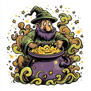 cartoon wizard character stirring bubbling cauldron of coffee wi...