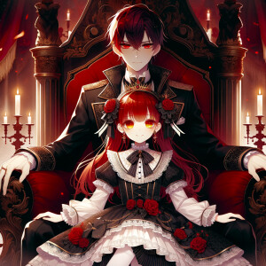 Lilith as a girl with elegant gothic lolita dress sit on the lap...