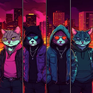 A group of five gangster cats, each with unique outfits (hoodie,...