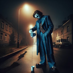 "Under  a dimly lit streetlight, a gangster clown stands alone,...