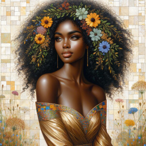 Imagine a painting of an Hawaiian African-American woman with de...
