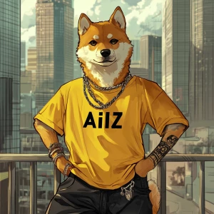 DOGE meme.,dressed in a yellow t-shirt and black jeans, on the t...