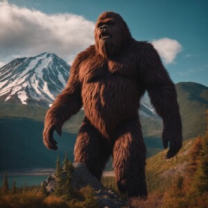 A large, hairy Sasquatch stands majestically at the base of Moun...