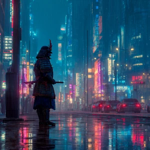 Amidst a neon-drenched cityscape, a lone samurai warrior stands...