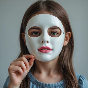 A girl hold in her hand a hollow realistic female disguise mask...