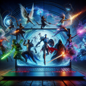 In a vibrant and dynamic scene, a high-end gaming laptop takes c...