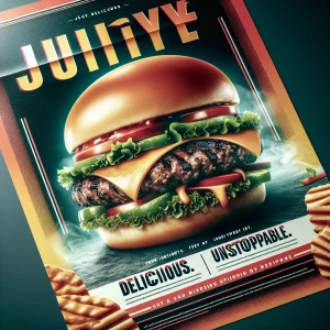 A clean layout featuring a juicy burger on a toasted bun, with the text ‘Juicy. Delicious. Unstoppable.’ written across the top in a modern sans-serif font