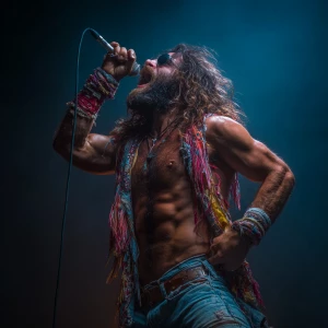 A rock singer on stage bodybuilder muscle long hair beard funky...
