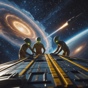 Aliens conducting an emergency repair on the hull of their space...