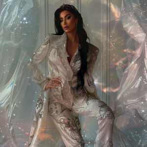 kim k in a glamorous suit, swarovski, flowing fabric, blowing, o...