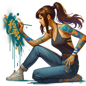 Very thin Athletic Thin skinny Attractive, Asian teenage girl, long brown hair and bangs, wearing tight skinny jeans and a halter top paint marks on her clothing, sitting side view heroic pose Asian graffiti