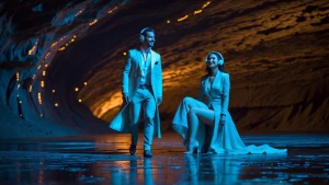 A confident man and woman walking across the cave floor of the E...
