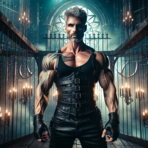 Create an image of a 30 year old muscular bodybuilder man gray h...