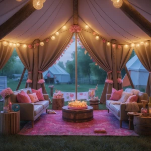 Design a girl's glamping-themed birthday party featuring a spaci...