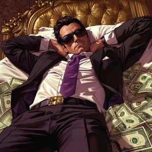 Create an image of a character lying on a luxurious bed in a lav...