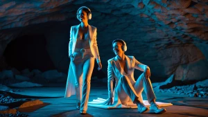 A confident man and woman, styled as a husband and wife who are...