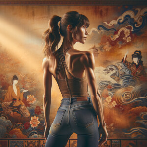 Athletic Thin skinny Attractive, Asian teenage girl, long brown hair and bangs, wearing tight skinny jeans and a halter top paint marks on her clothing, heroic pose Asian graffiti background, backside view