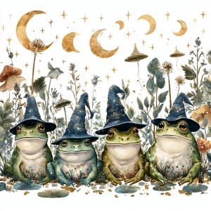 /imagine prompt: five wise cartoon frogs in wizard hats sitting...