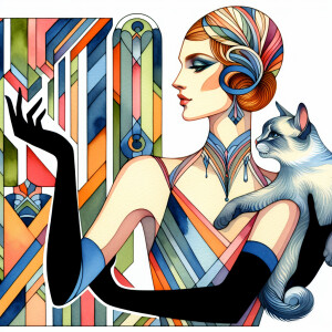 An erté type of drawing in color  with the woman holding a cat