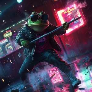 MEME PEPE frog wearing sunglasses and a leather jacket, mid-swin...