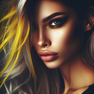 Head shot of a beautiful woman with bright golden eyes and long...