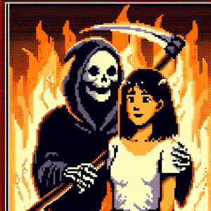 Grim reaper holding a lady, fire in the background