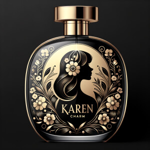 Design, a black and gold perfume bottle in the shape of a woman’s body with flowers and the name Karen