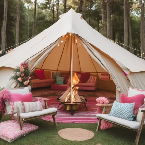 Organize a girls' glamping birthday sleepover party featuring a spacious bell tent adorned with a beach theme and festive birthday embellishments. Arrange the setting on a picturesque farm, complete with a cozy lounge area and a fire pit for evening relaxation.